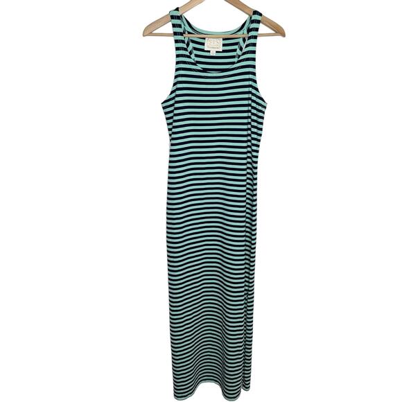 Sail To Sable Women Sleeveless Maxi Dress XS Green Navy Stripe Side Slit Coastal - Picture 2 of 10